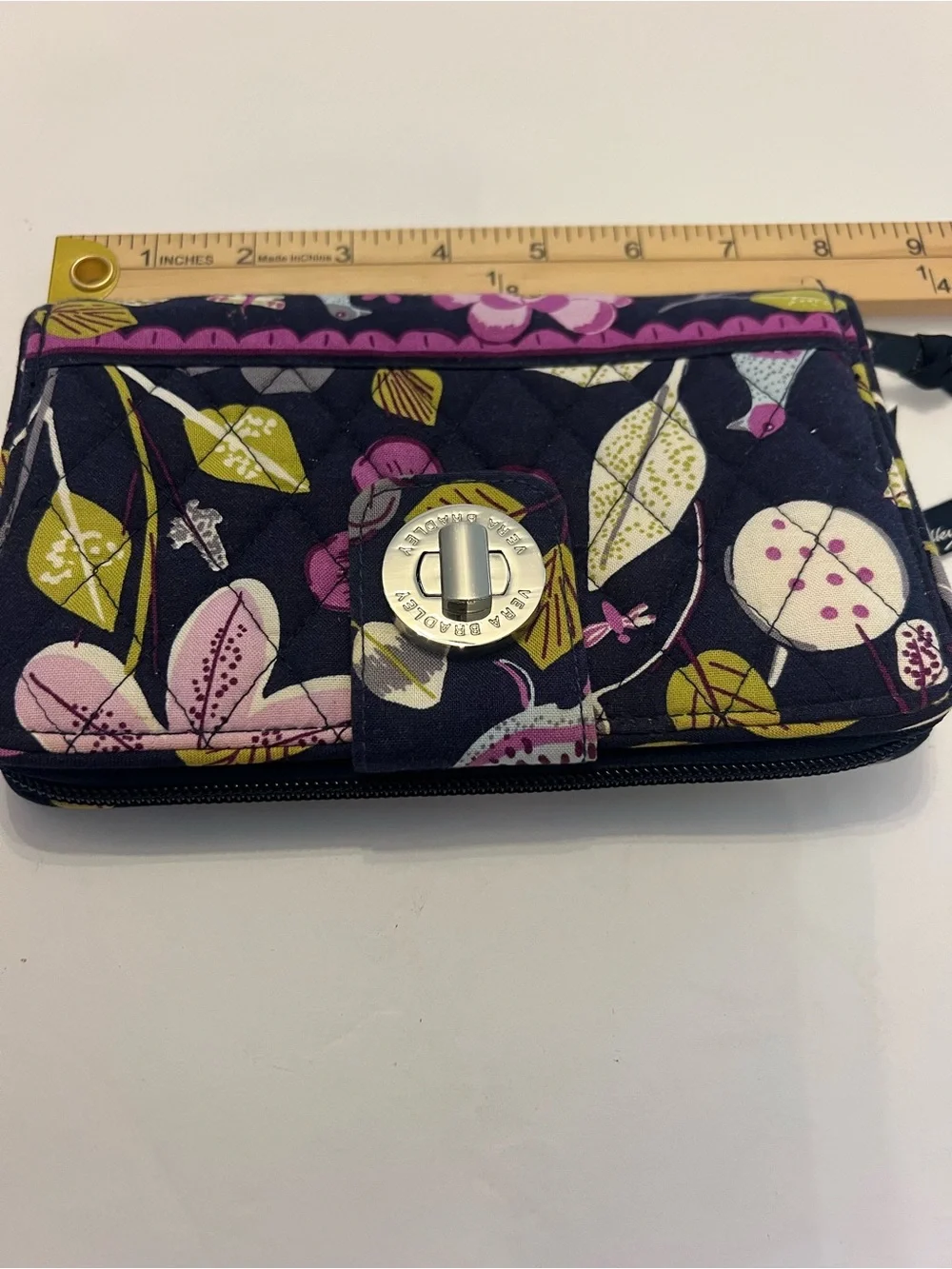 Vera Bradley Quilted Floral Turnlock Wallet in Navy, Purple & Green Retired - Picture 2 of 10